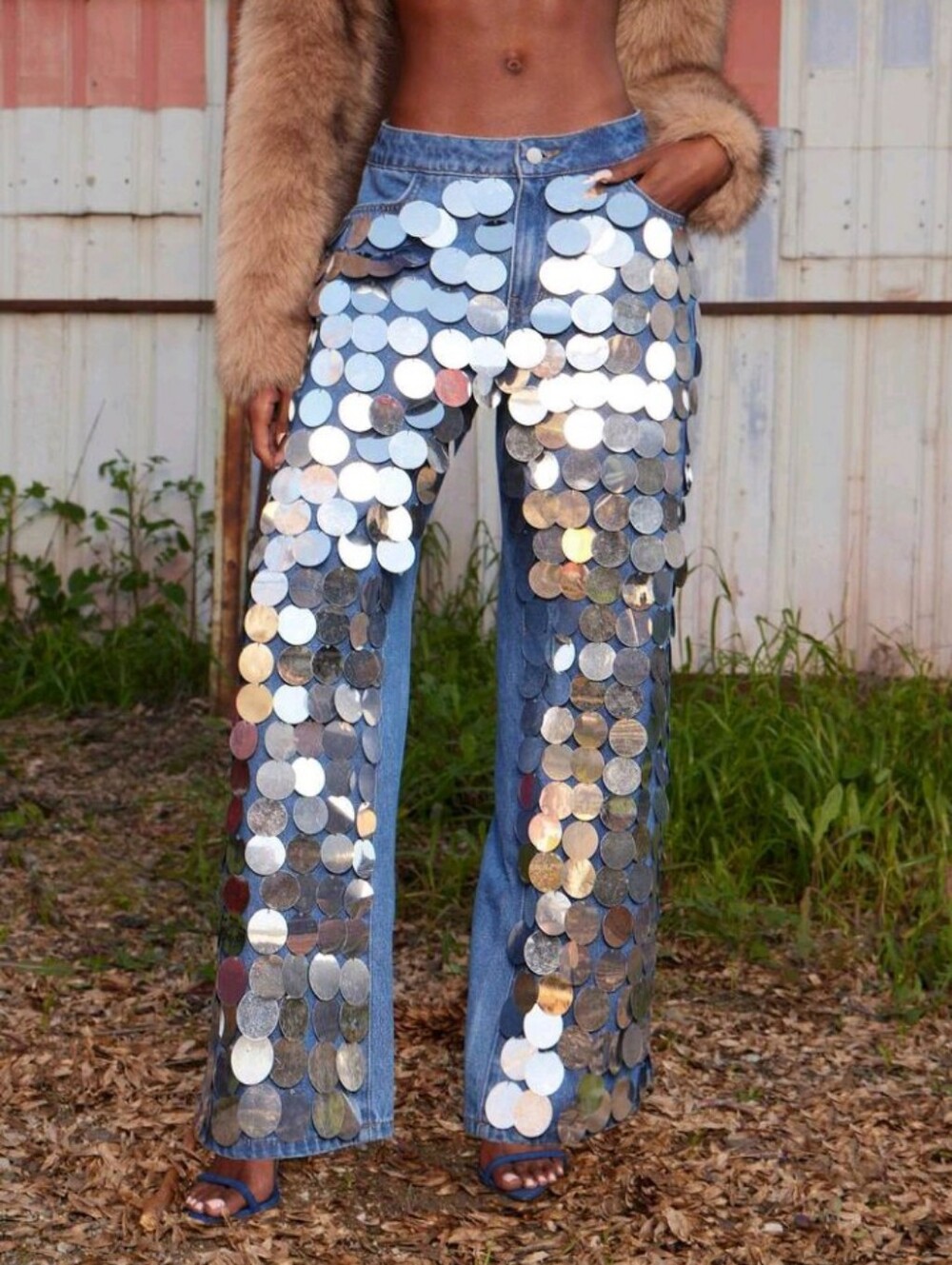 Denim Jean Baggy Straight Pant Versatile Sequin Glitter Shine Sparkle Bedazzle - Picture 2 of 10